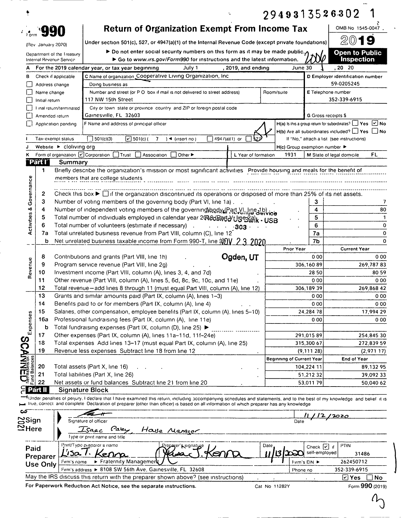 Image of first page of 2019 Form 990O for Coopertive Living Organization