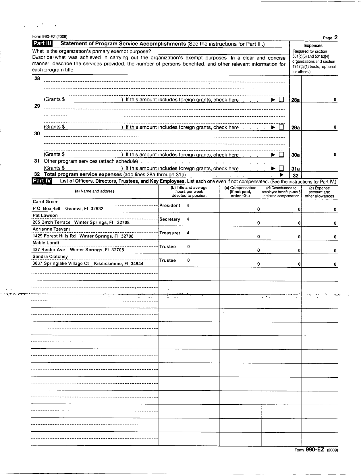 Image of first page of 2009 Form 990EOR for Veterans of Foreign Wars of the Us Dept of Florida Auxiliary - 5405 Winter Springs Auxiliary