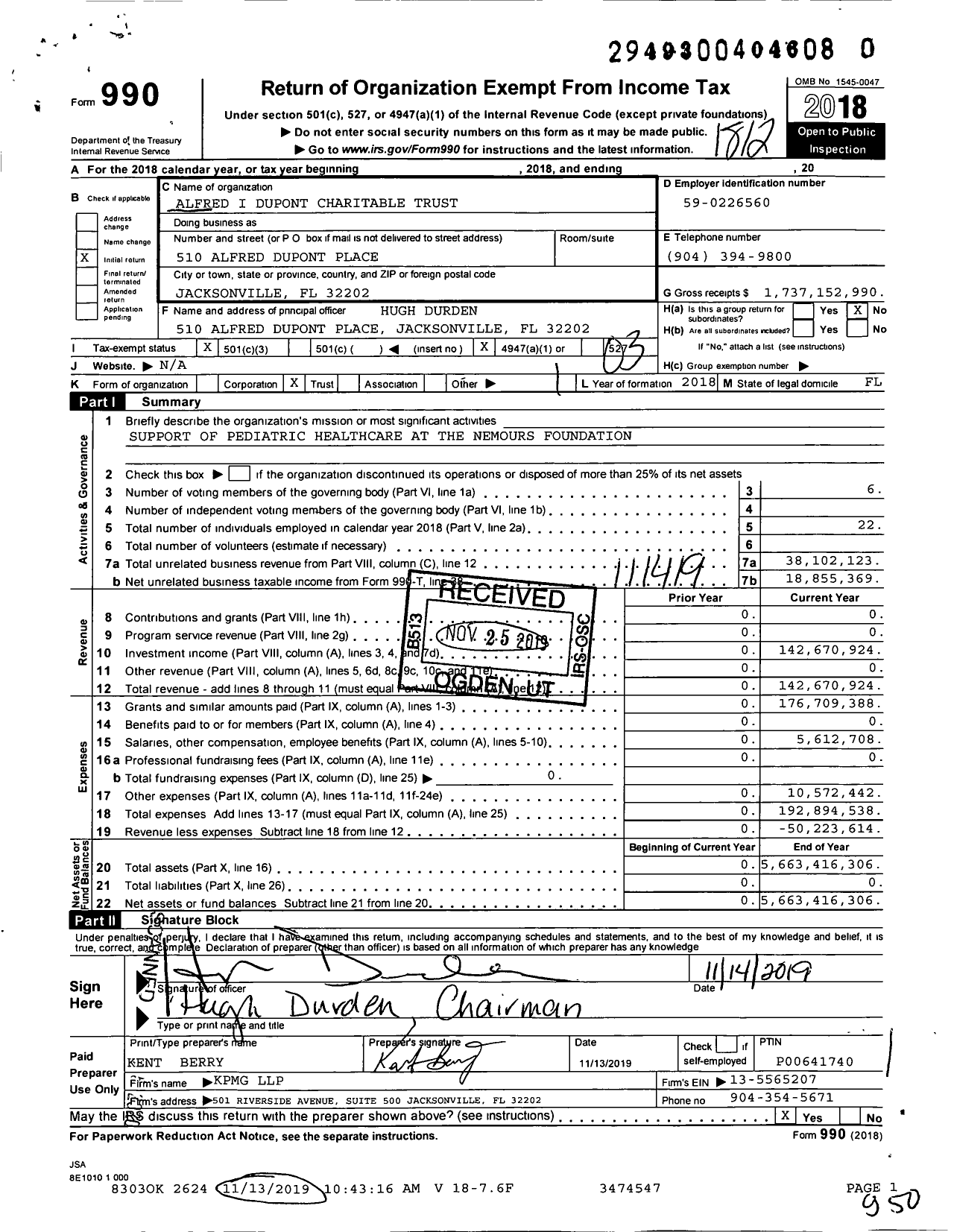 Image of first page of 2018 Form 990 for Alfred I Dupont Charitable Trust