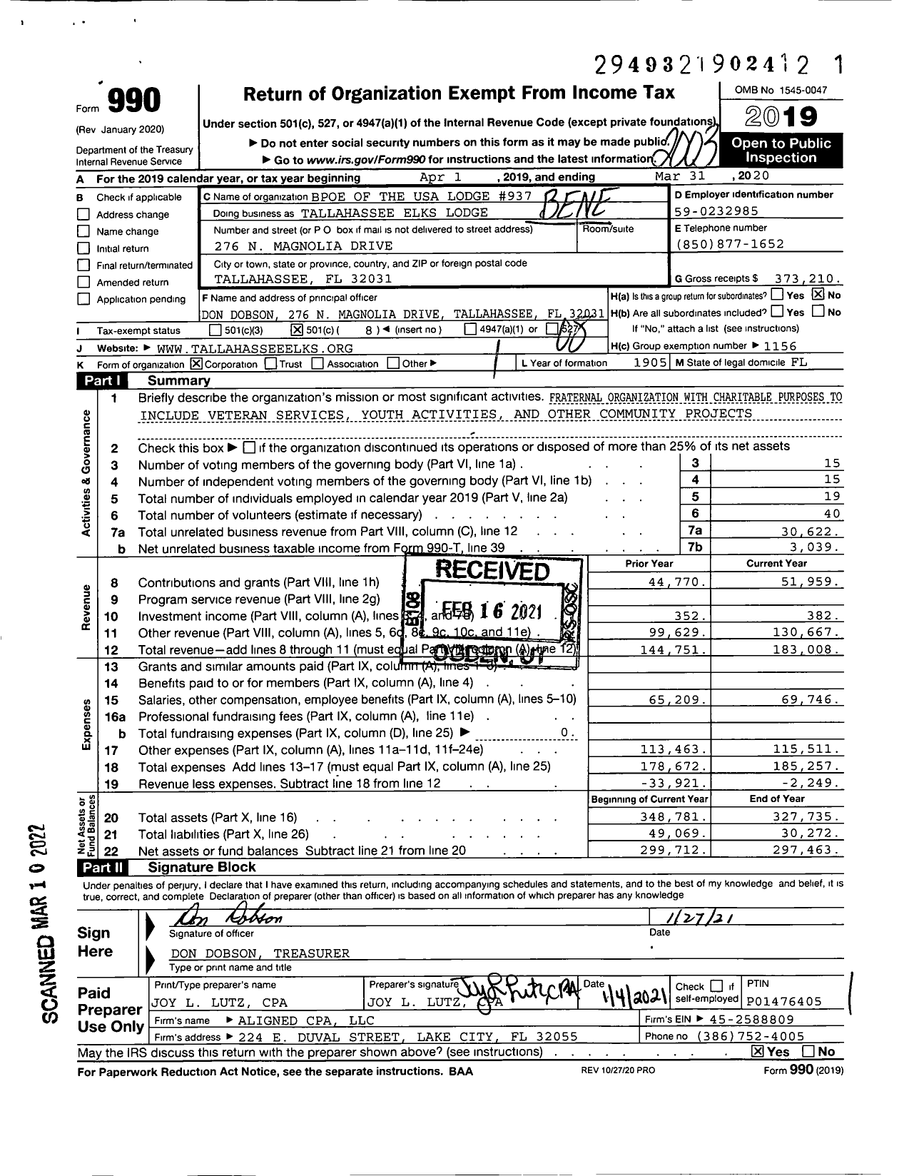 Image of first page of 2019 Form 990O for Benevolent and Protective Order of Elks - 937 Tallahassee