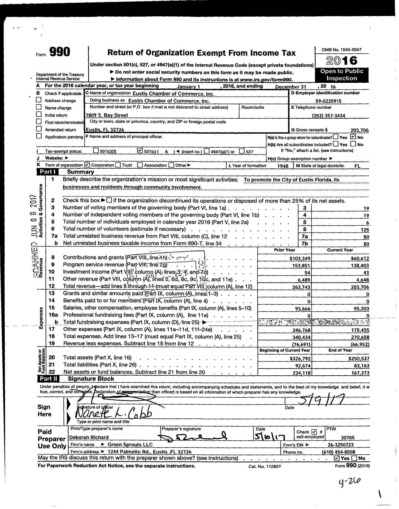 Image of first page of 2016 Form 990O for Eustis Chamber of Commerce