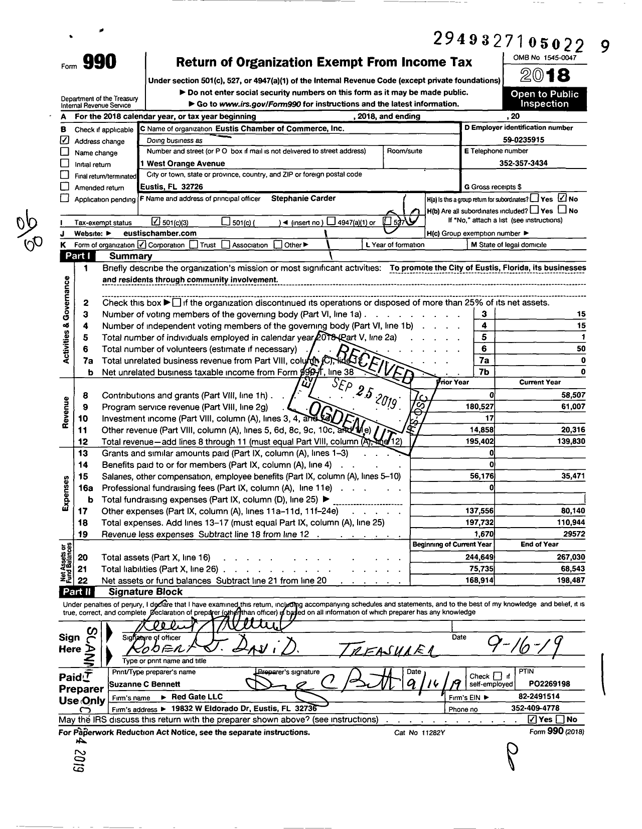 Image of first page of 2018 Form 990O for Eustis Chamber of Commerce
