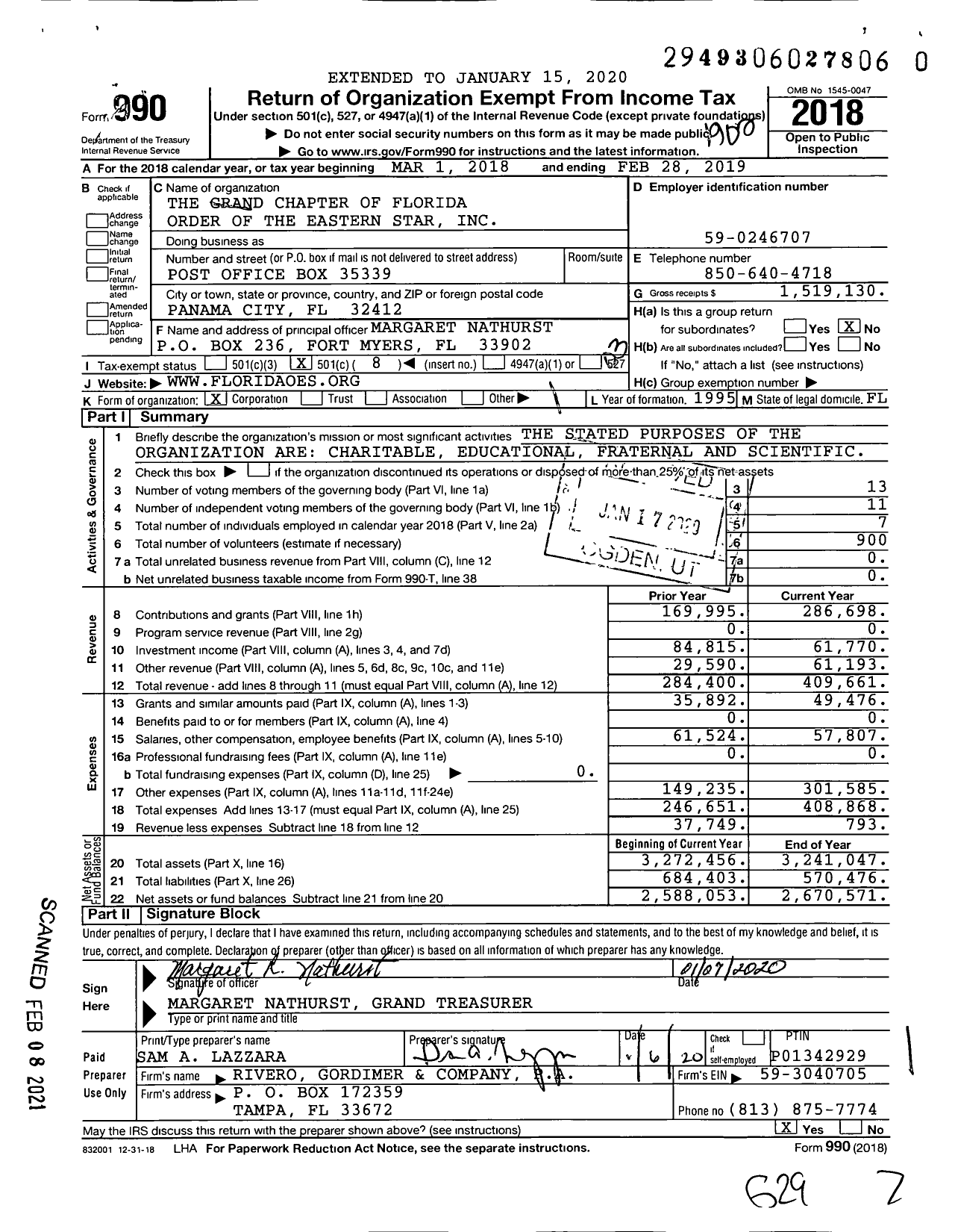 Image of first page of 2018 Form 990 for The Grand Chapter of Florida Order of the Eastern Star