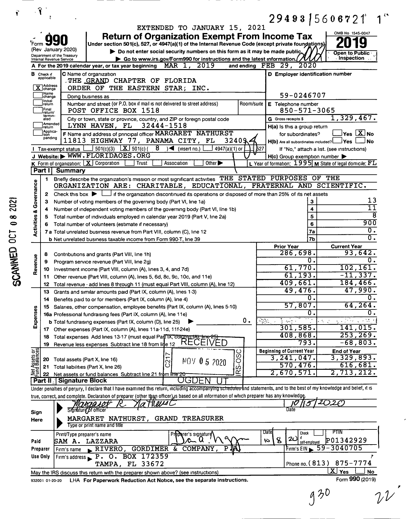 Image of first page of 2019 Form 990O for The Grand Chapter of Florida Order of the Eastern Star