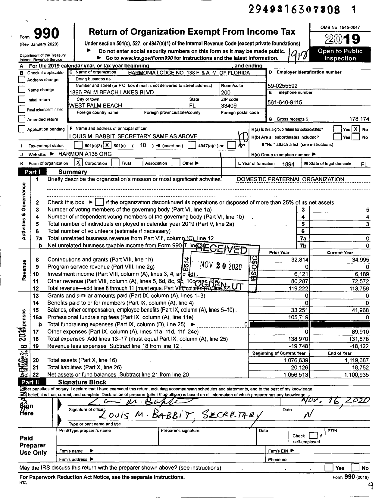 Image of first page of 2019 Form 990O for Free and Accepted Masons of Florida - 138 Harmonia Lodge