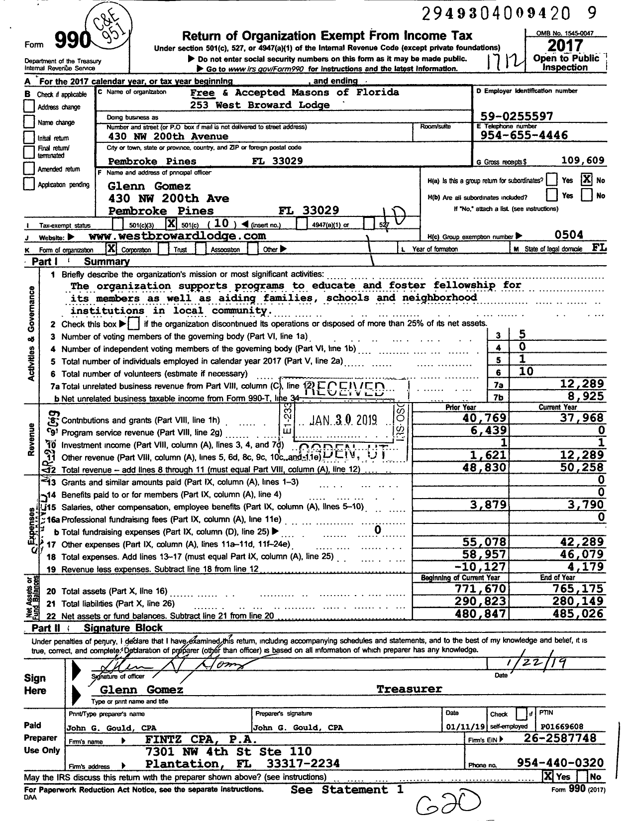 Image of first page of 2017 Form 990O for Free and Accepted Masons of Florida - 253 West Broward Lodge