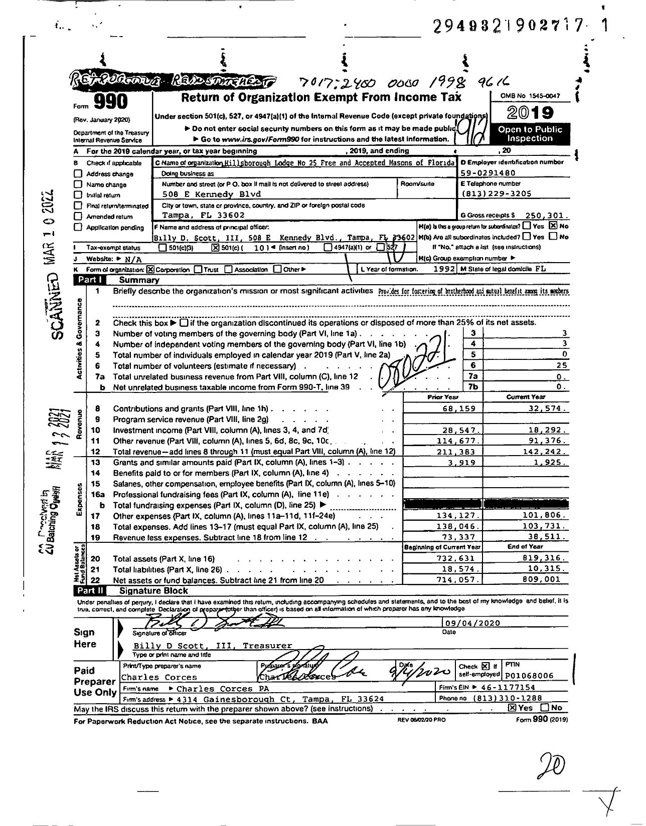 Image of first page of 2019 Form 990O for Hillsborough Lodge No 25 Free and Accepted Masons of Florida