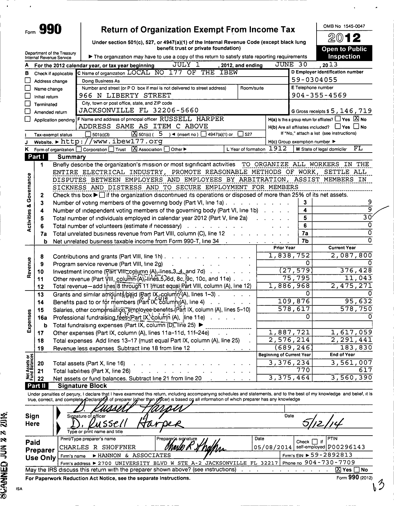 Image of first page of 2012 Form 990O for International Brotherhood of Electrical Workers - 177 Local Union