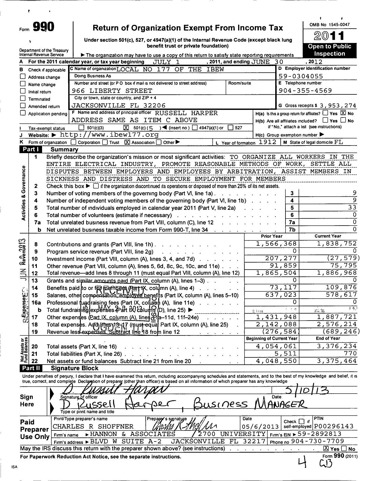 Image of first page of 2011 Form 990O for International Brotherhood of Electrical Workers - 177 Local Union