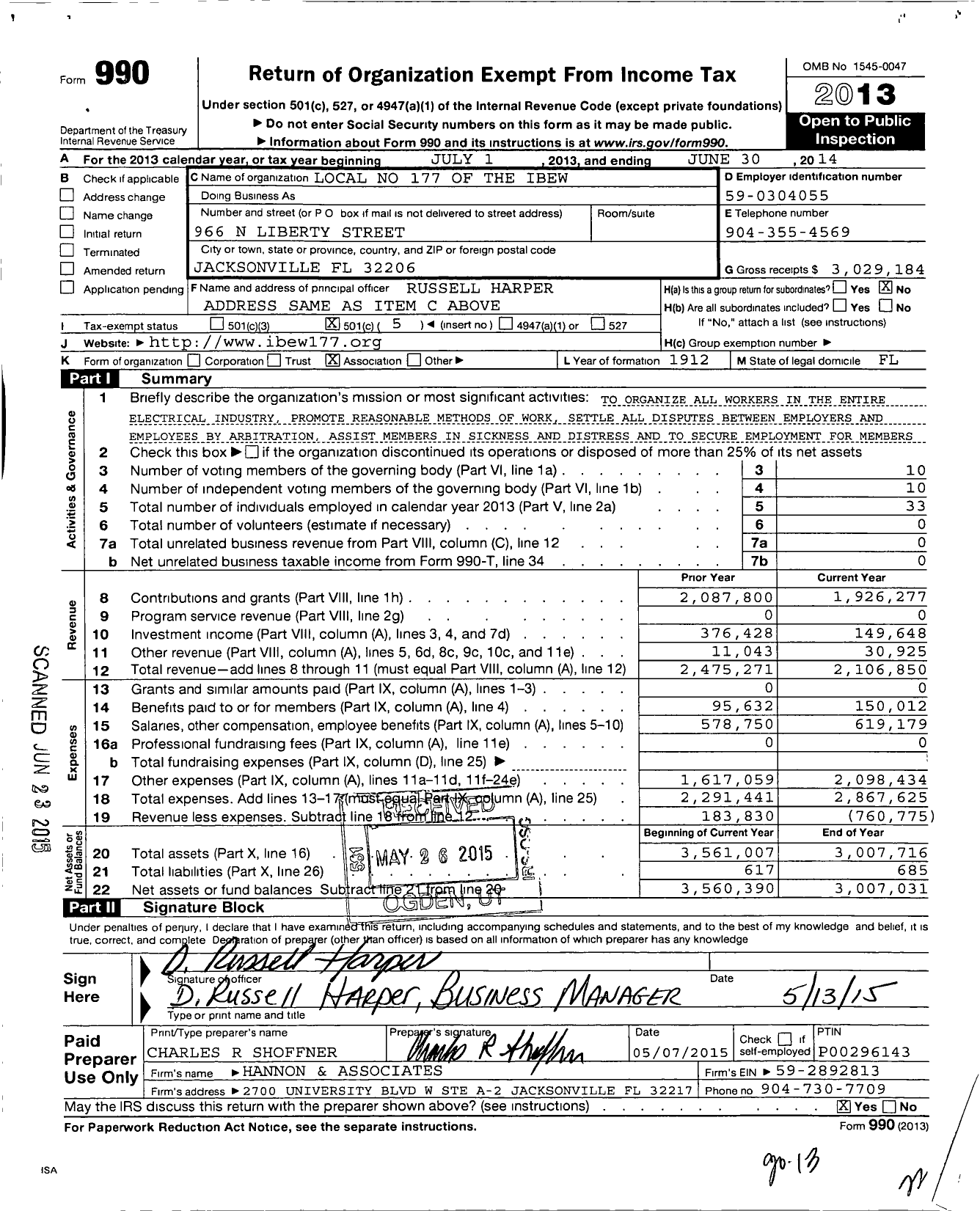 Image of first page of 2013 Form 990O for International Brotherhood of Electrical Workers - 177 Local Union
