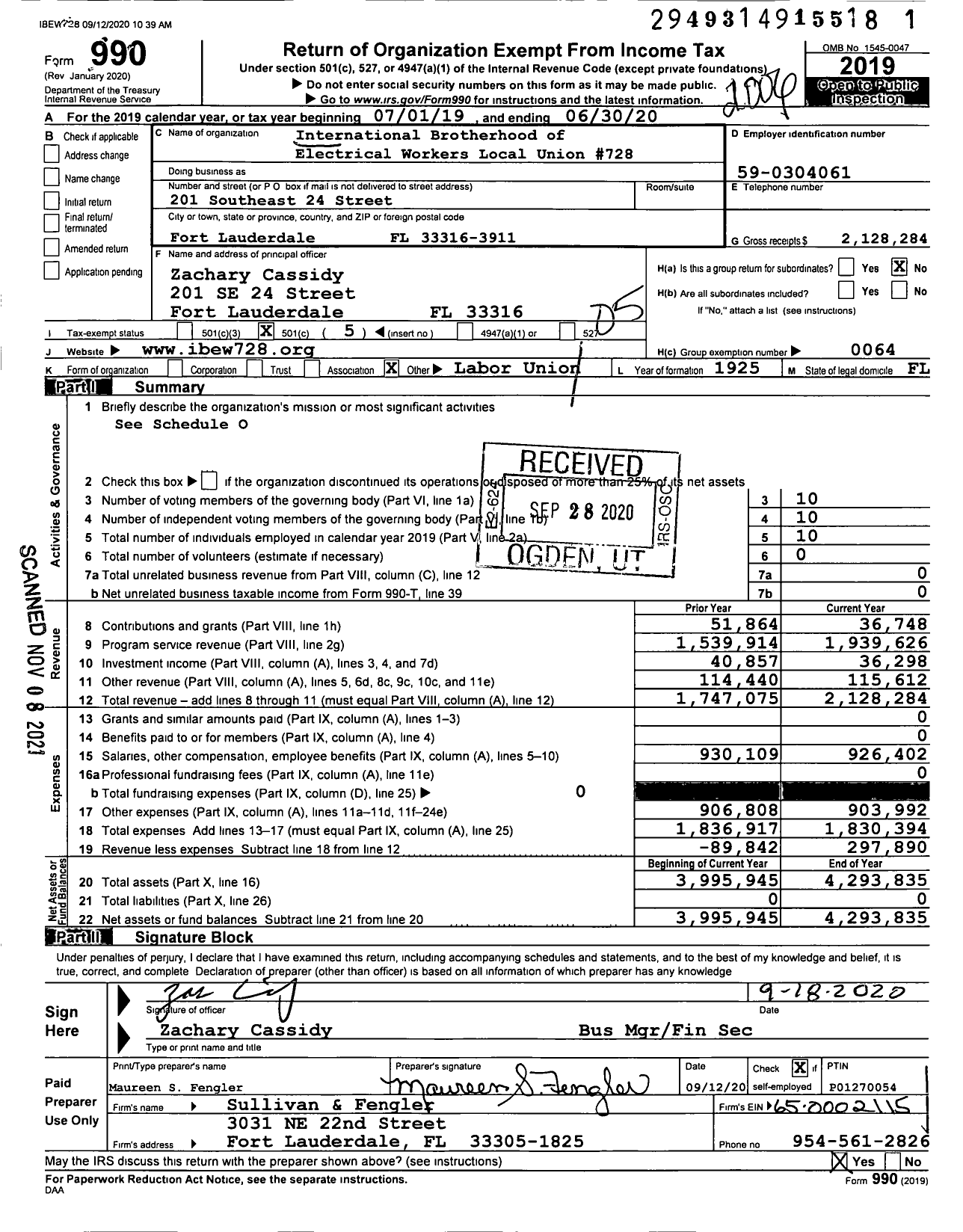 Image of first page of 2019 Form 990O for International Brotherhood of Electrical Workers - 728 Local Union