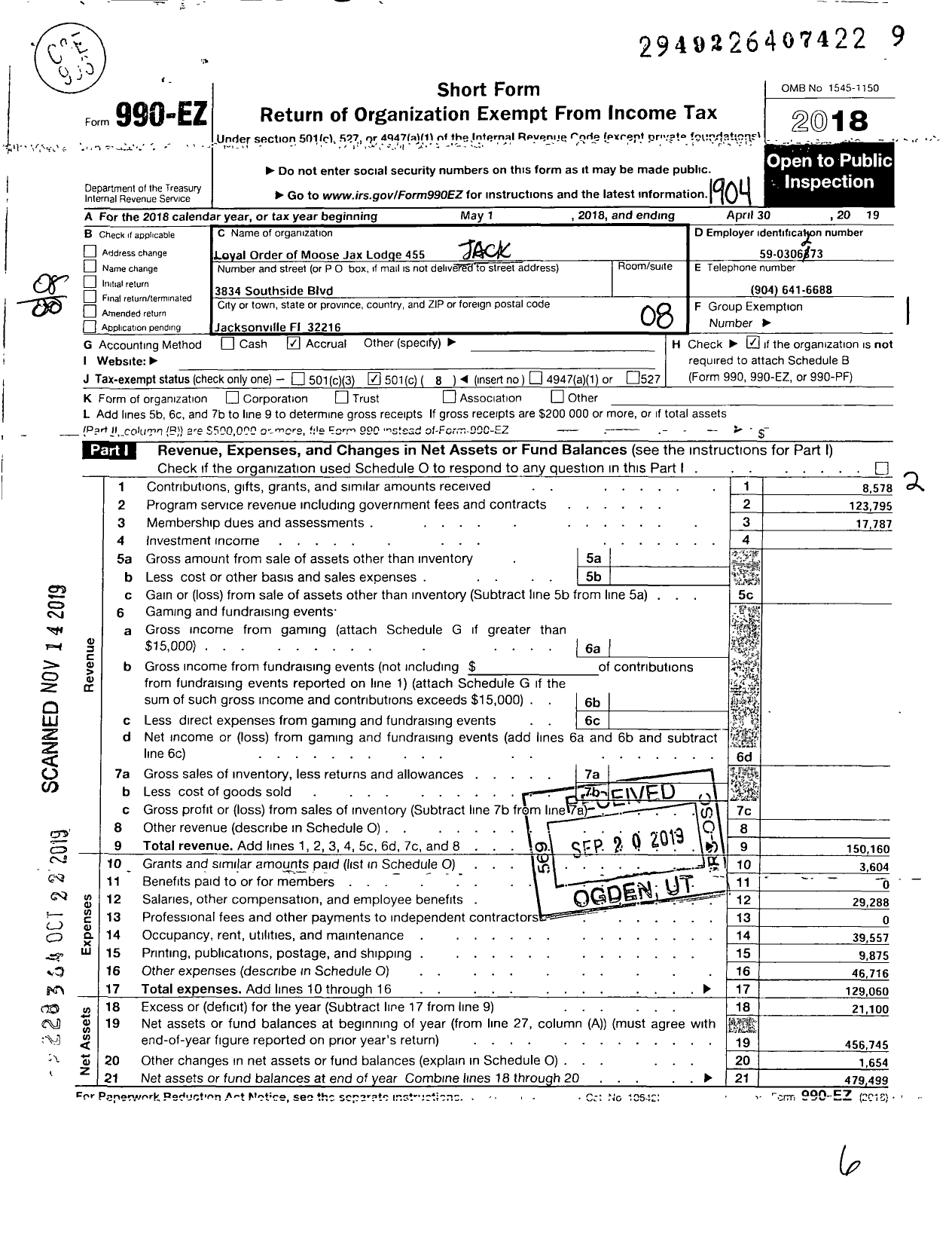 Image of first page of 2018 Form 990EO for Loyal Order of Moose - 455