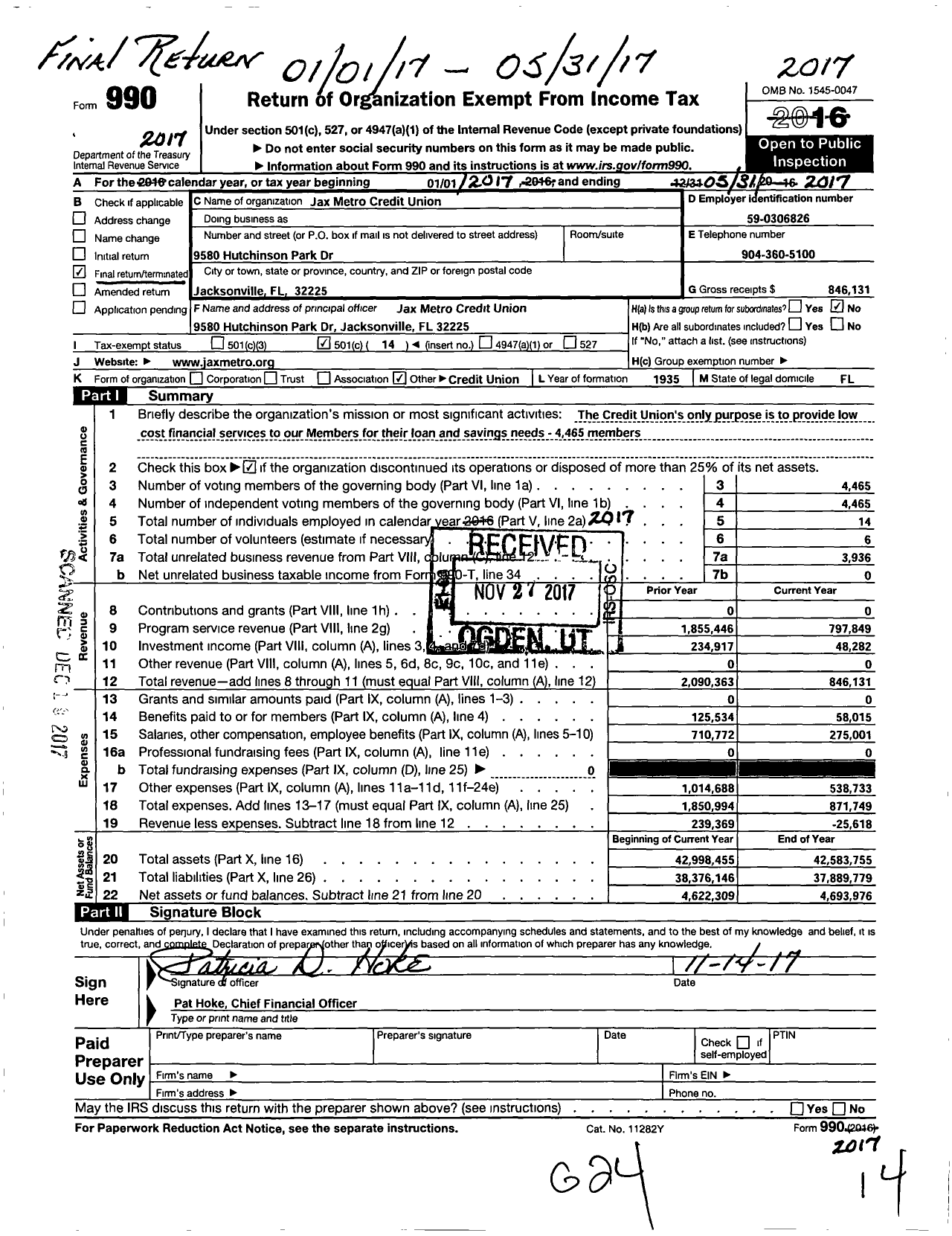 Image of first page of 2016 Form 990O for Jax Metro Credit Union