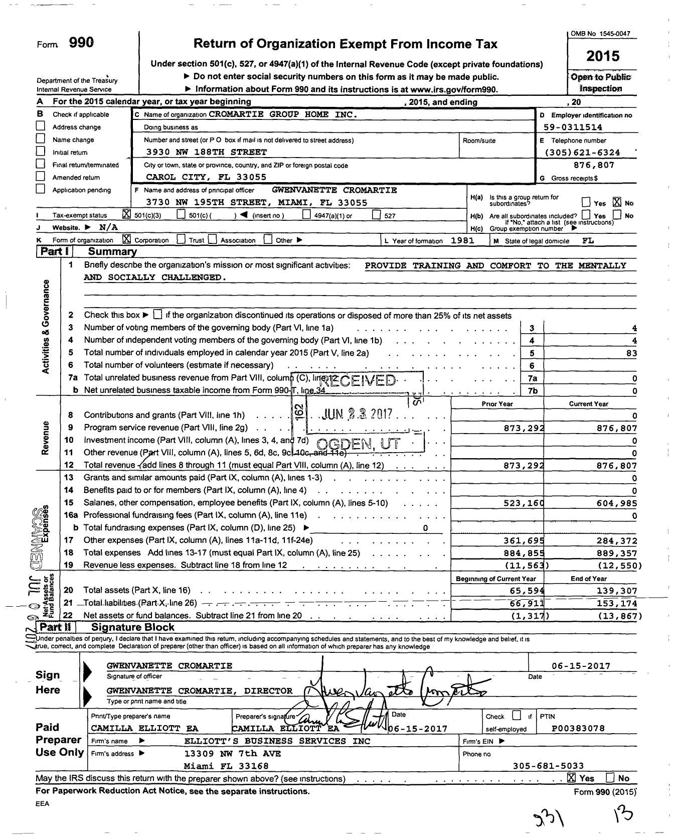 Image of first page of 2015 Form 990 for Cromartie Group Home