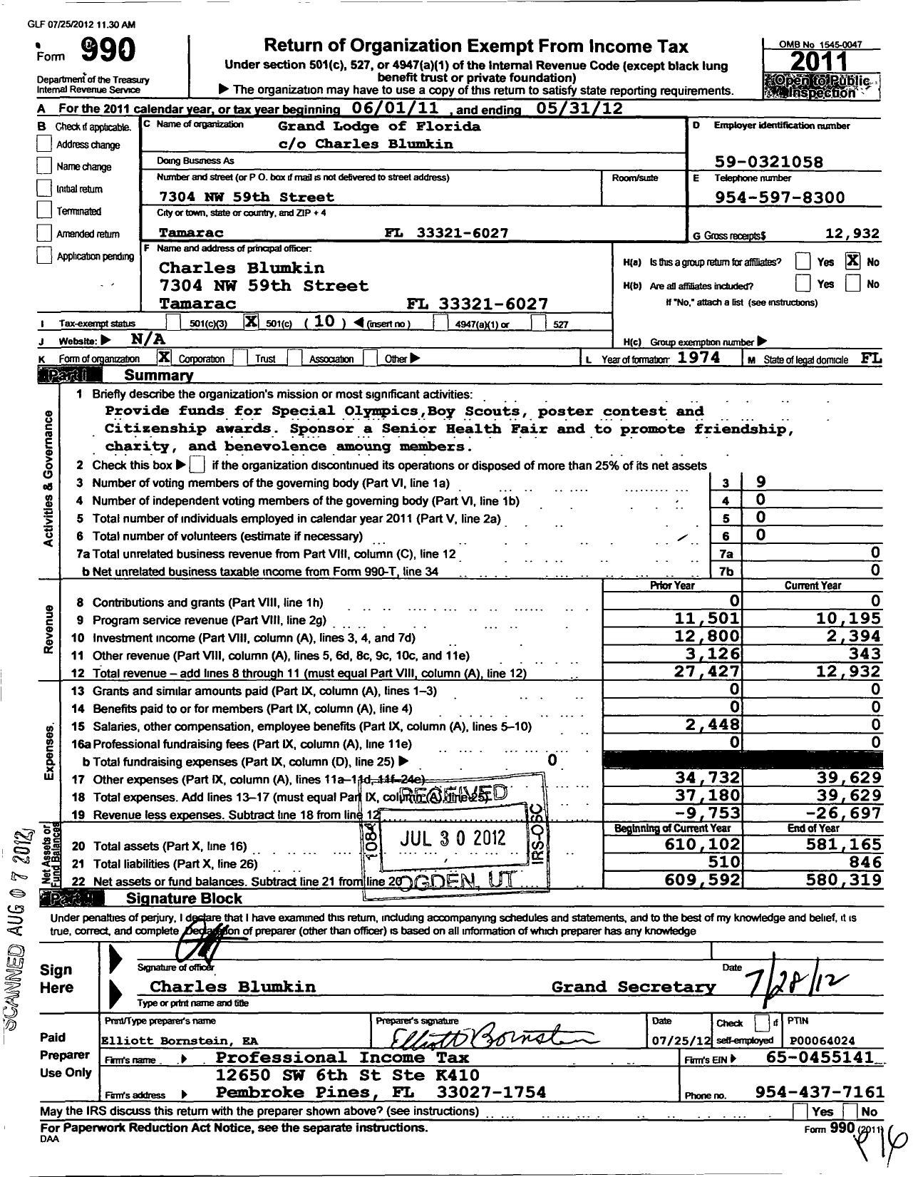 Image of first page of 2011 Form 990O for Grand Lodge of Florida Knights of Pythias Incorporated