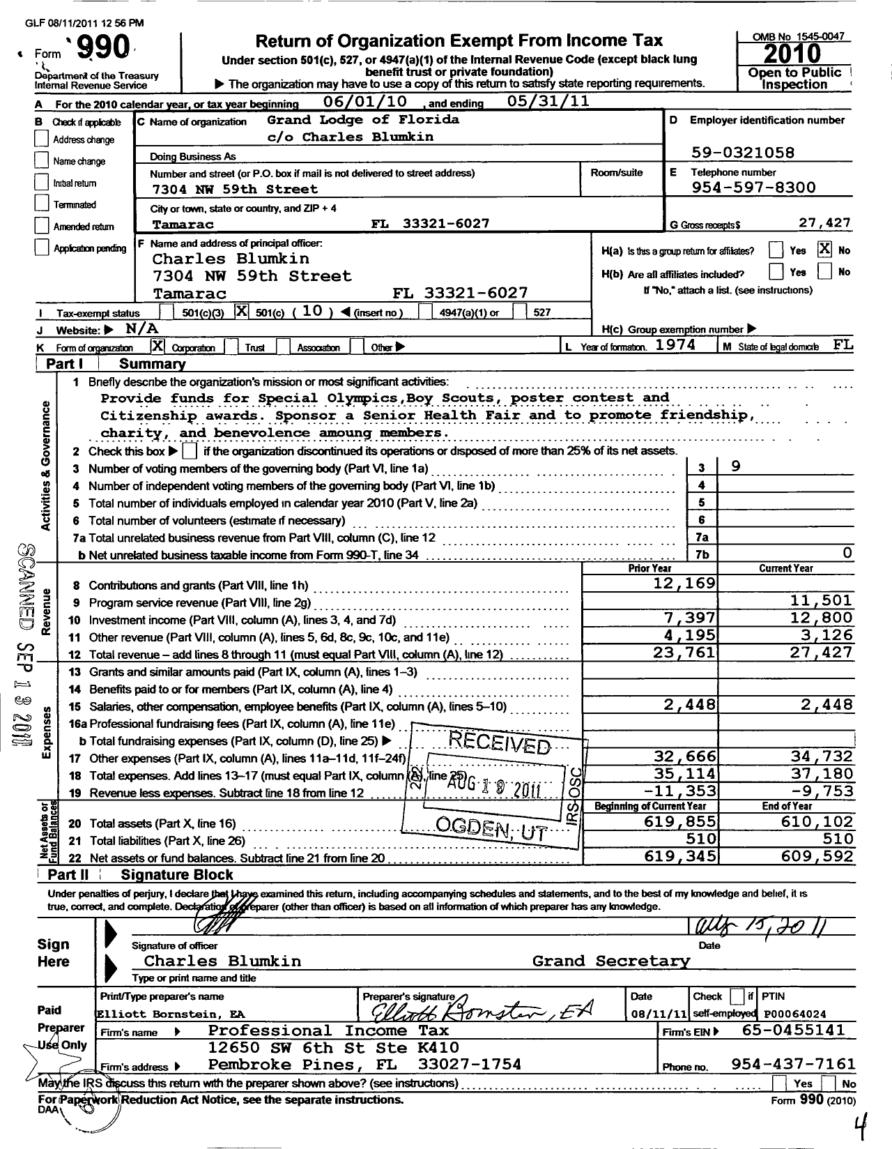 Image of first page of 2010 Form 990O for Grand Lodge of Florida Knights of Pythias Incorporated