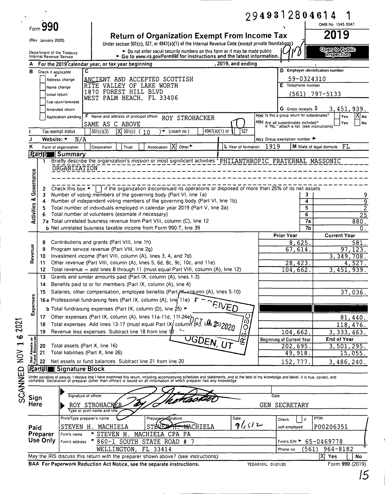 Image of first page of 2019 Form 990O for Scottish Rite of Freemasonry Southern Jurisdiction - Valley of Lake Worth & Coord Bodies