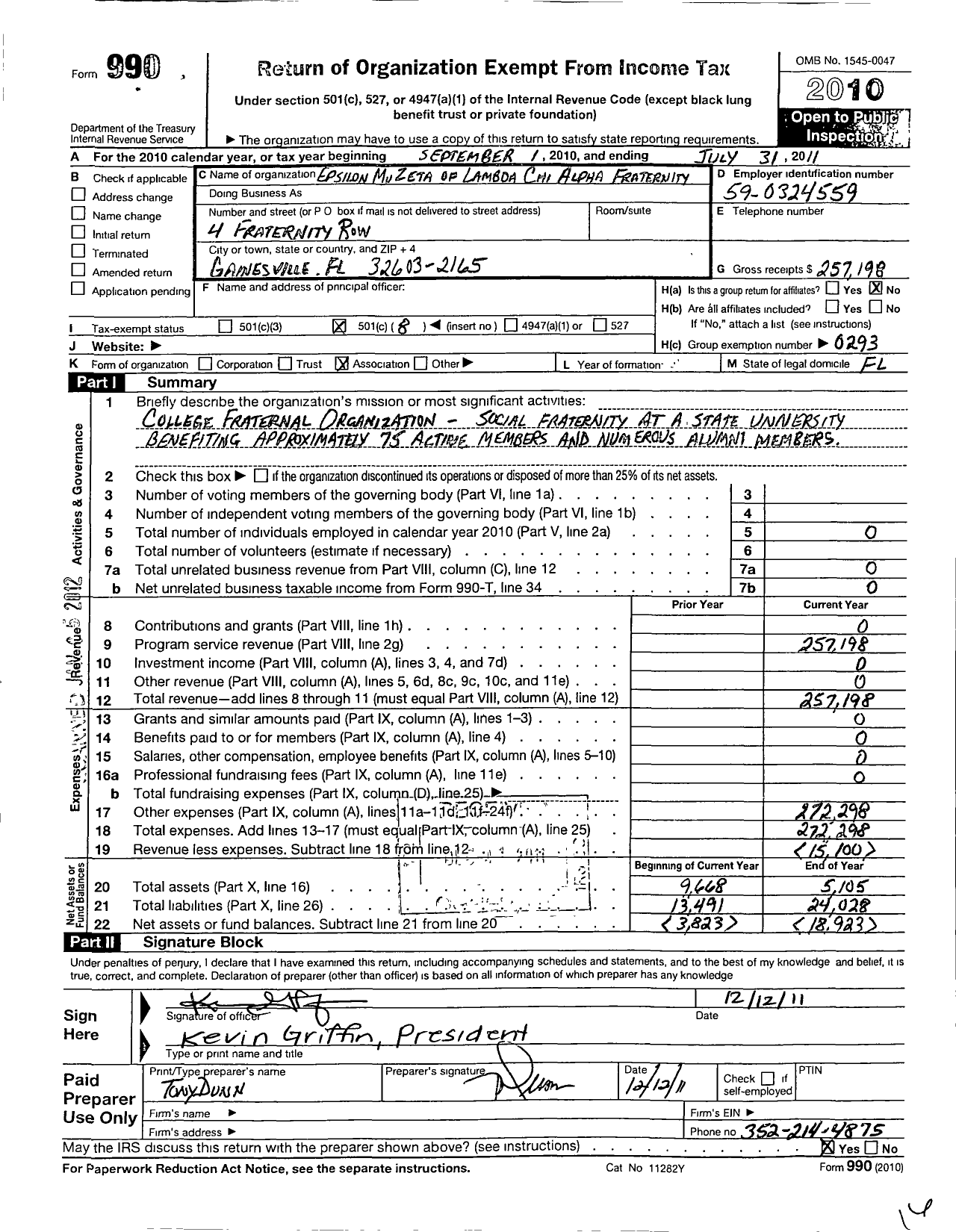 Image of first page of 2010 Form 990O for Epsilon Mu Zeta of Lambda Chi Alpha Fraternity