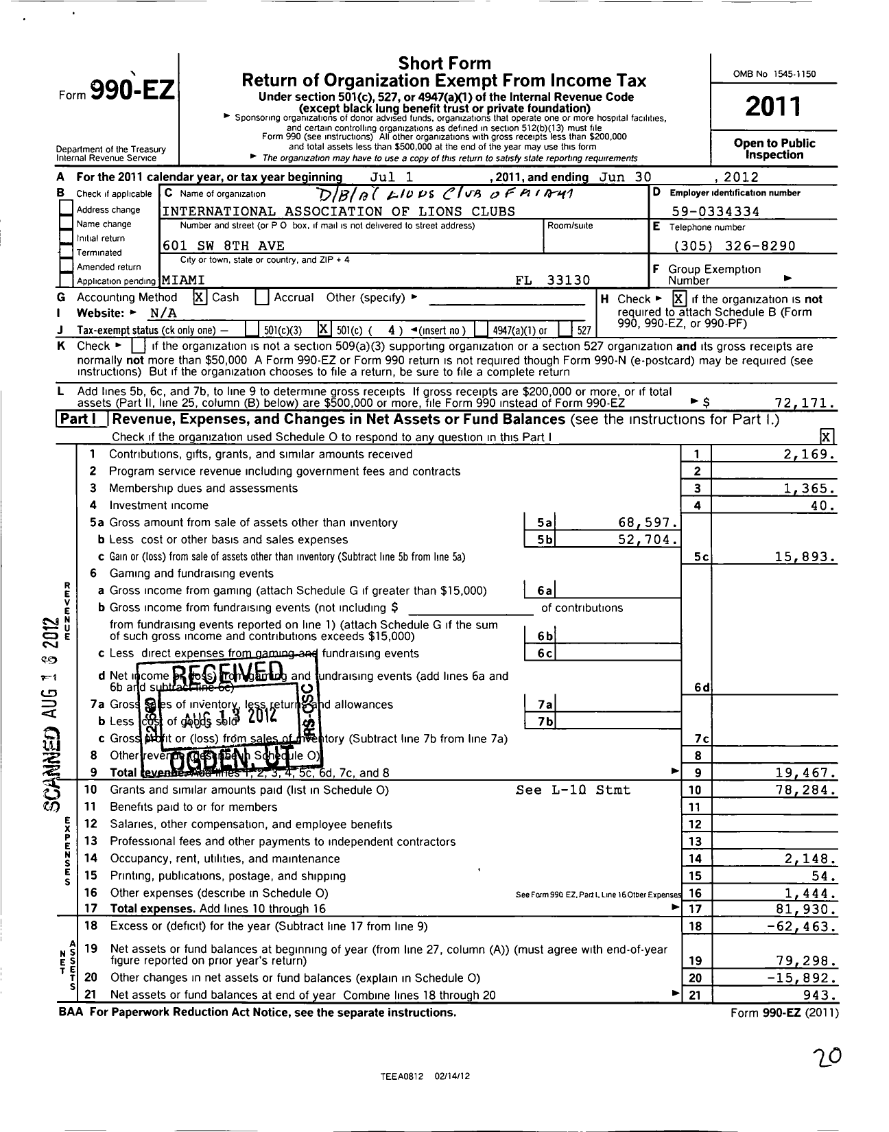 Image of first page of 2011 Form 990EO for Lions Clubs - Lions Club of Miami