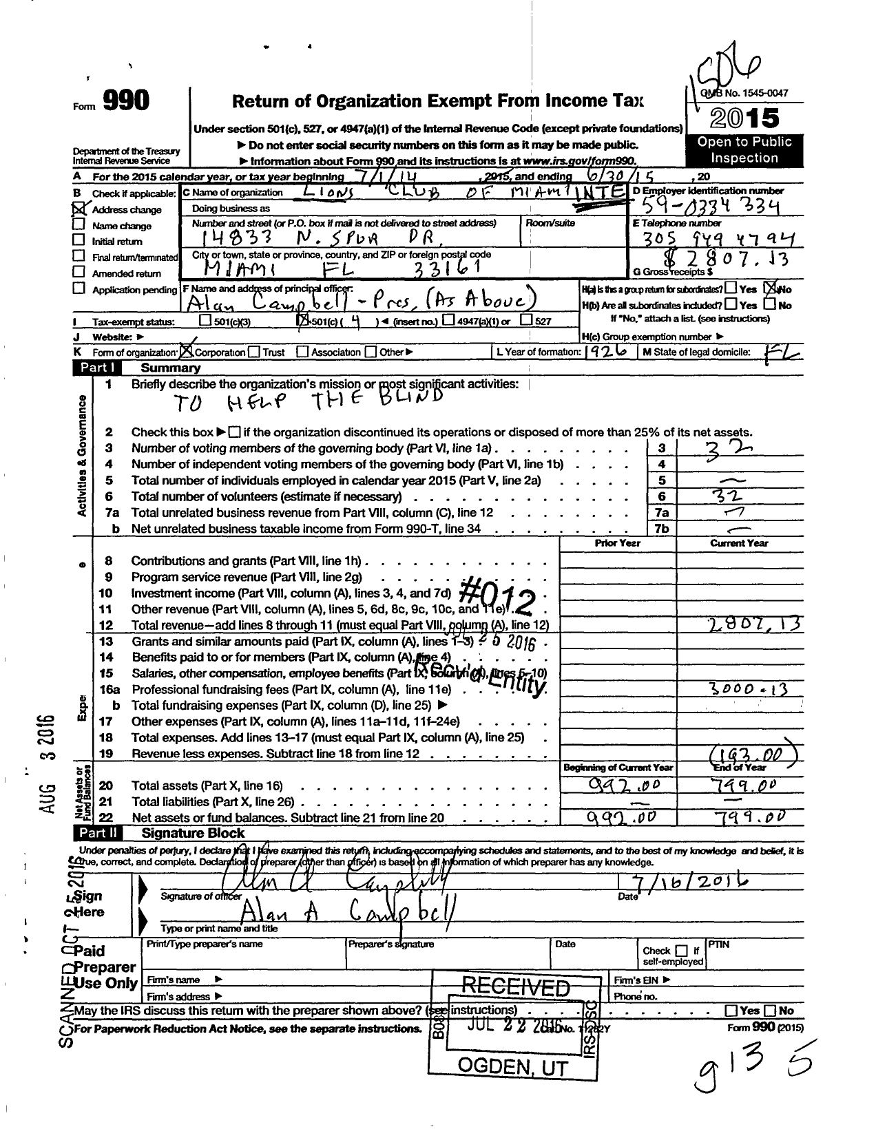 Image of first page of 2014 Form 990O for Lions Clubs - Lions Club of Miami