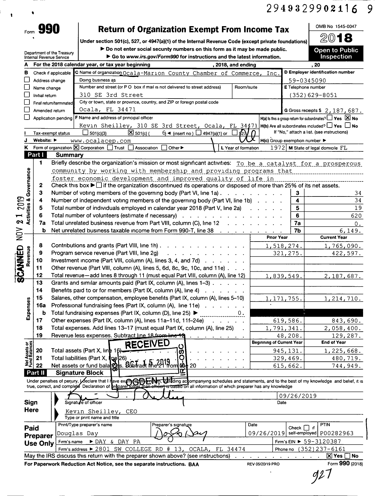 Image of first page of 2018 Form 990O for Ocala / Marion County Chamber and Economic Partnership (CEP)