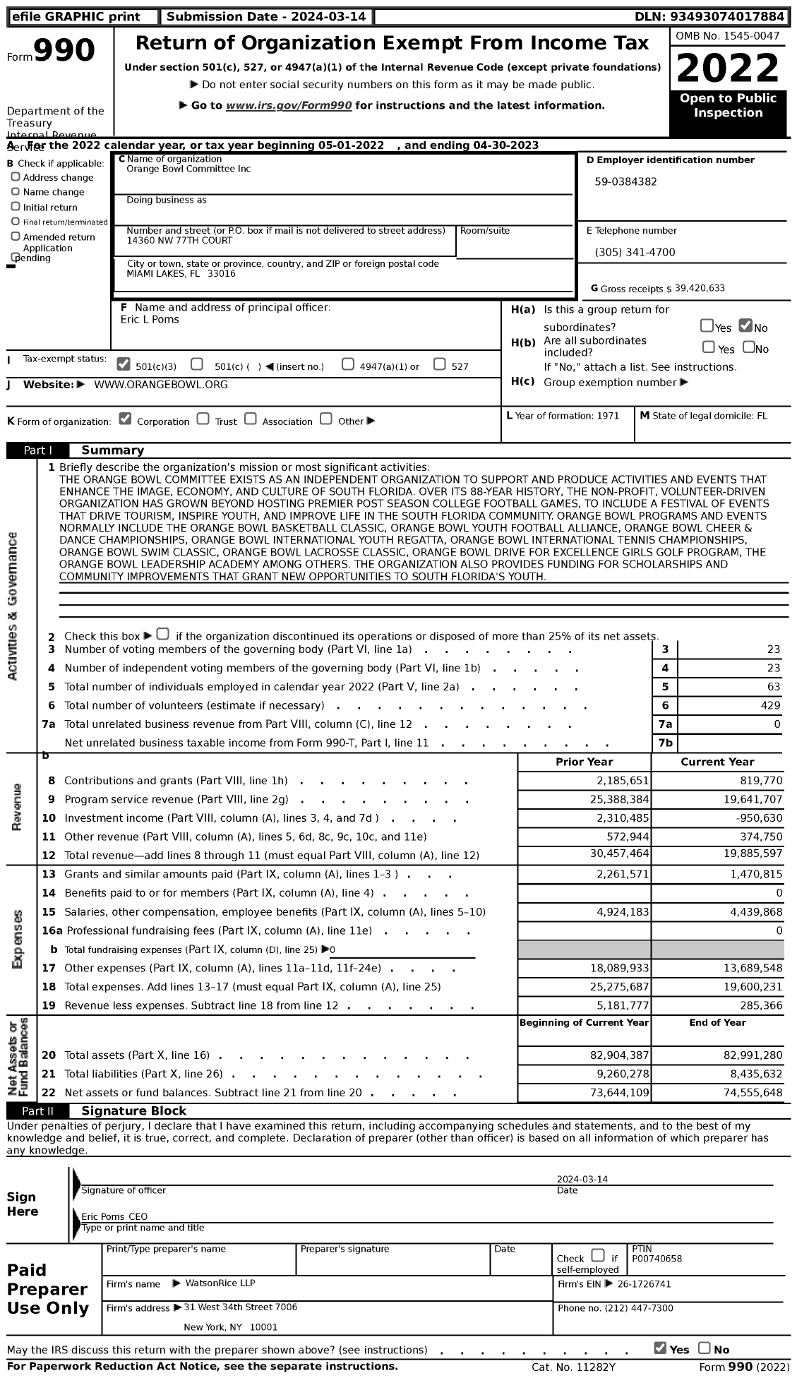 Image of first page of 2022 Form 990 for Orange Bowl Committee