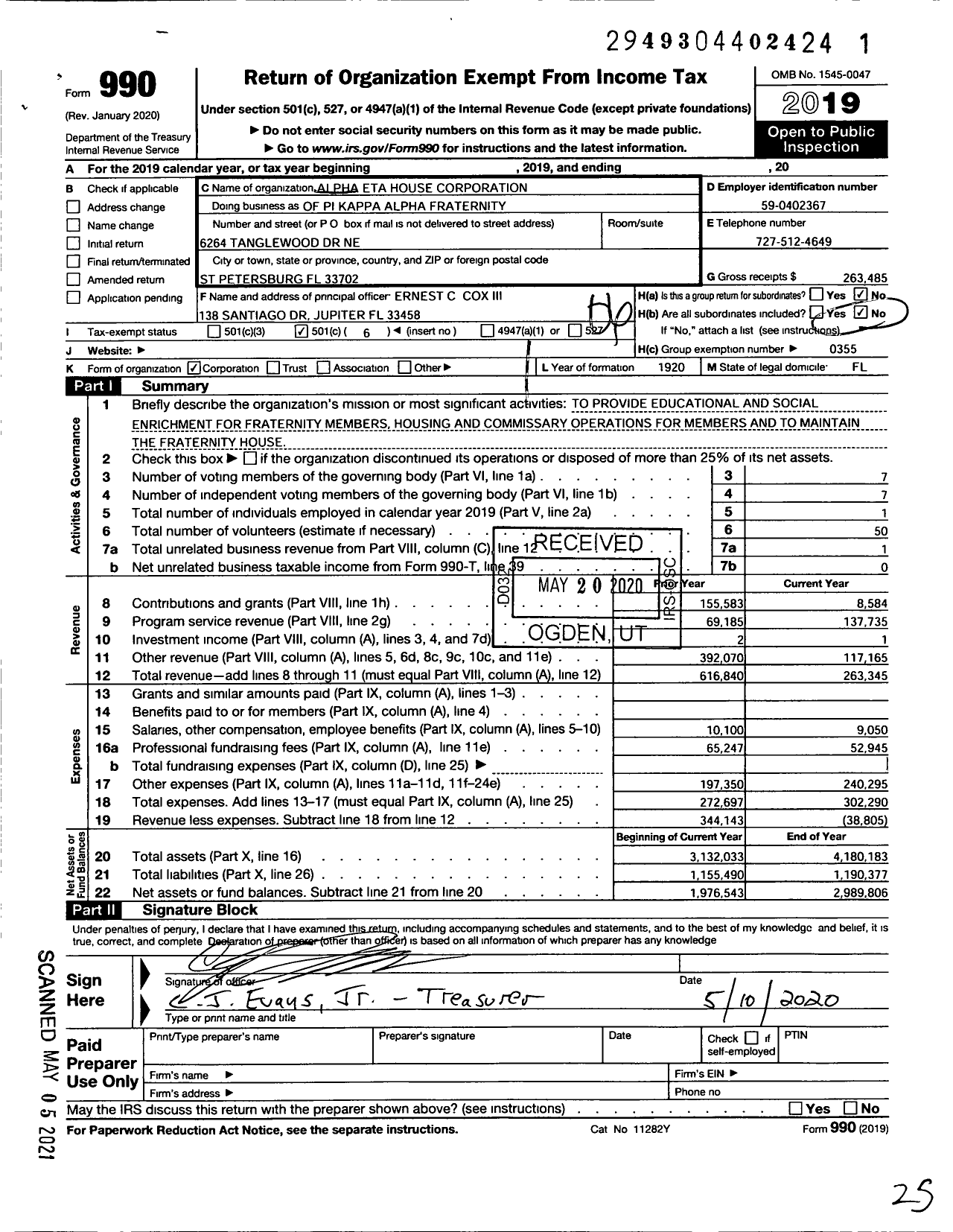 Image of first page of 2019 Form 990O for Alpha Eta House Corporation of Pi Kappa Alpha Fraternity