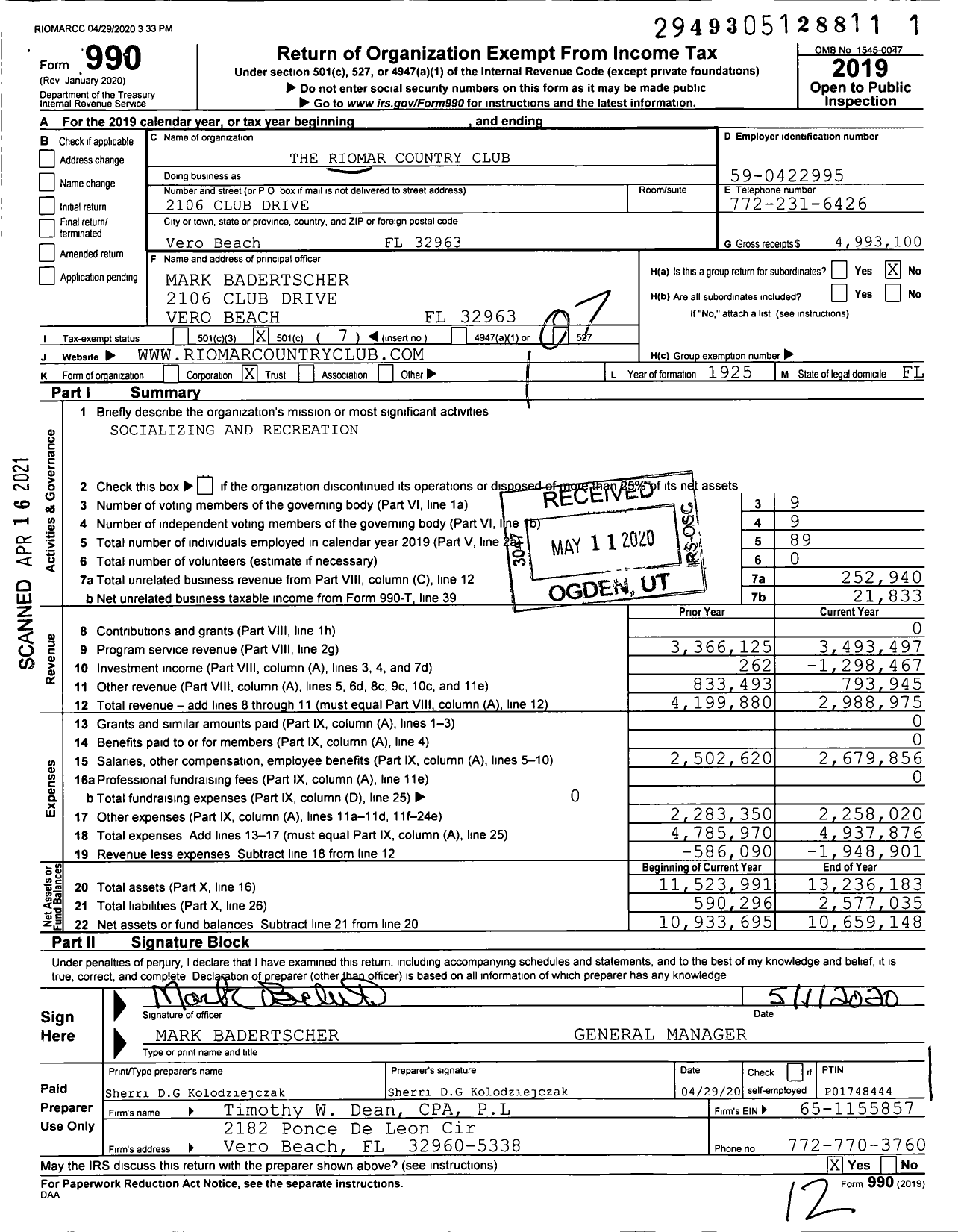 Image of first page of 2019 Form 990O for The Riomar Country Club