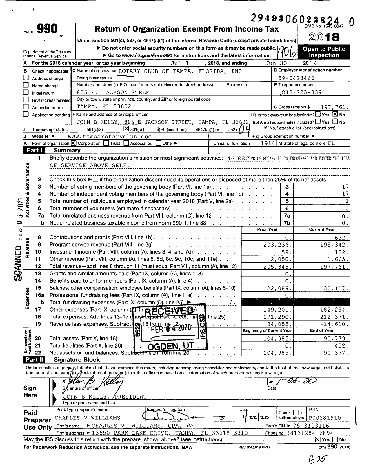 Image of first page of 2018 Form 990O for Rotary International - Rotary Club of Tampa Florida