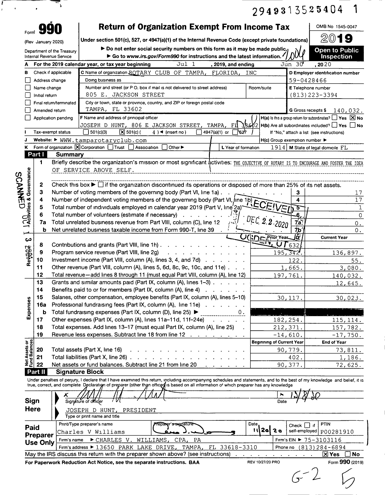 Image of first page of 2019 Form 990O for Rotary International - Rotary Club of Tampa Florida