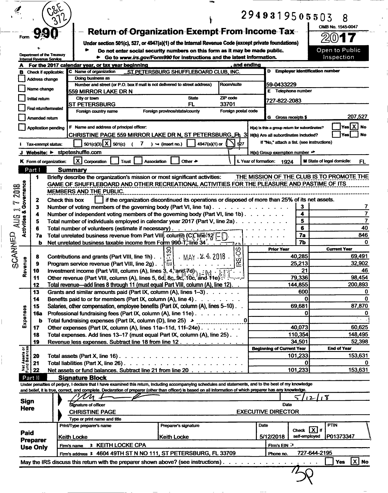 Image of first page of 2017 Form 990O for St Petersburg Shuffleboard Club