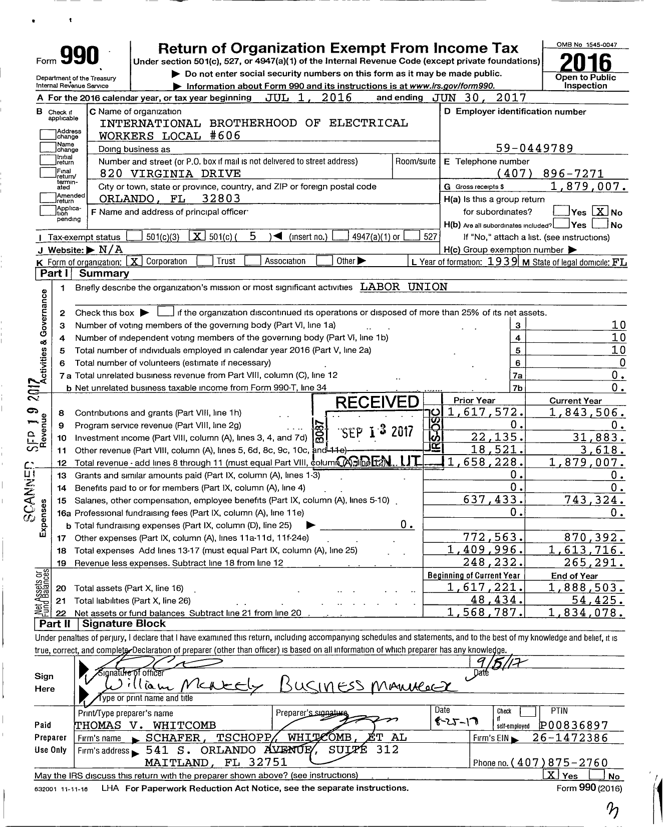 Image of first page of 2016 Form 990O for International Brotherhood of Electrical Workers Local 606