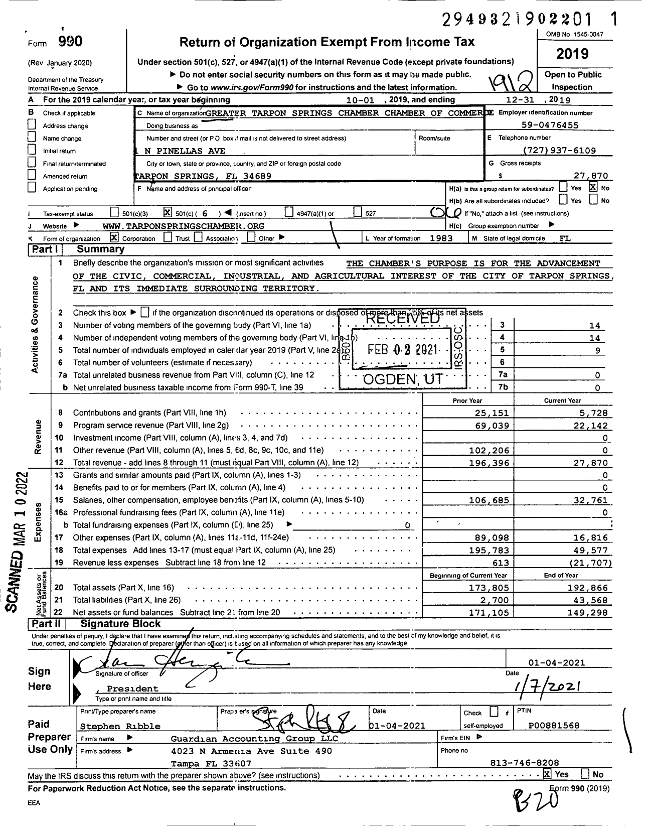 Image of first page of 2019 Form 990O for Greater Tarpon Springs Chamber of Commerce