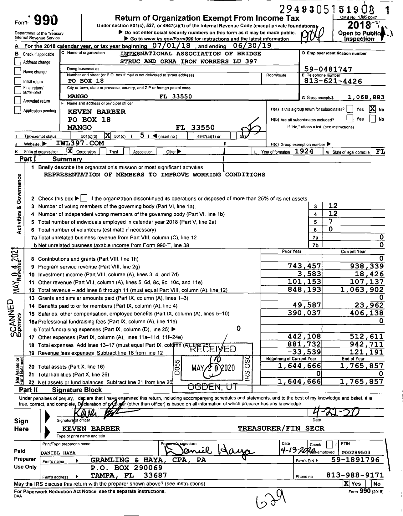 Image of first page of 2018 Form 990O for International Association of Bridge Struc and Orna Iron Workers Lu 397