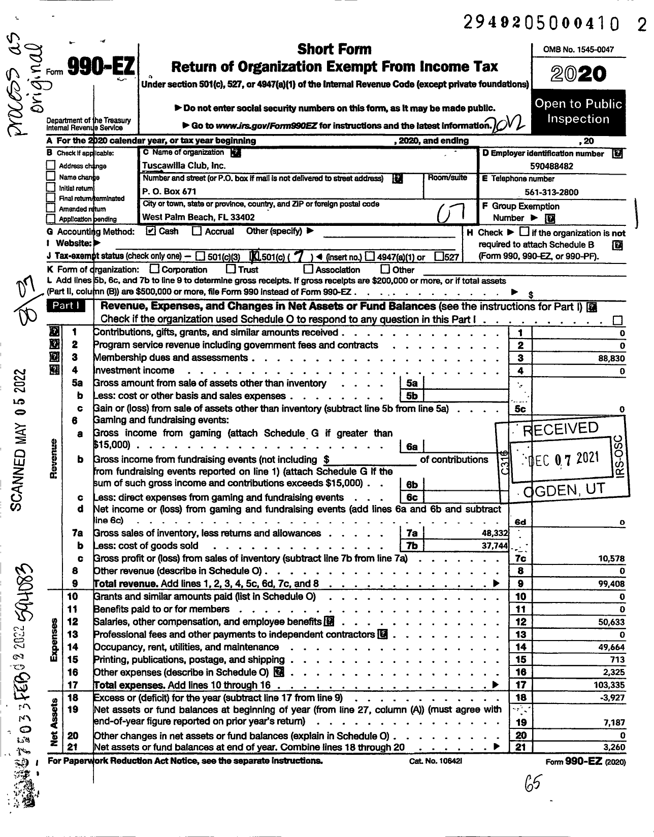 Image of first page of 2020 Form 990EO for Tuscawilla Club