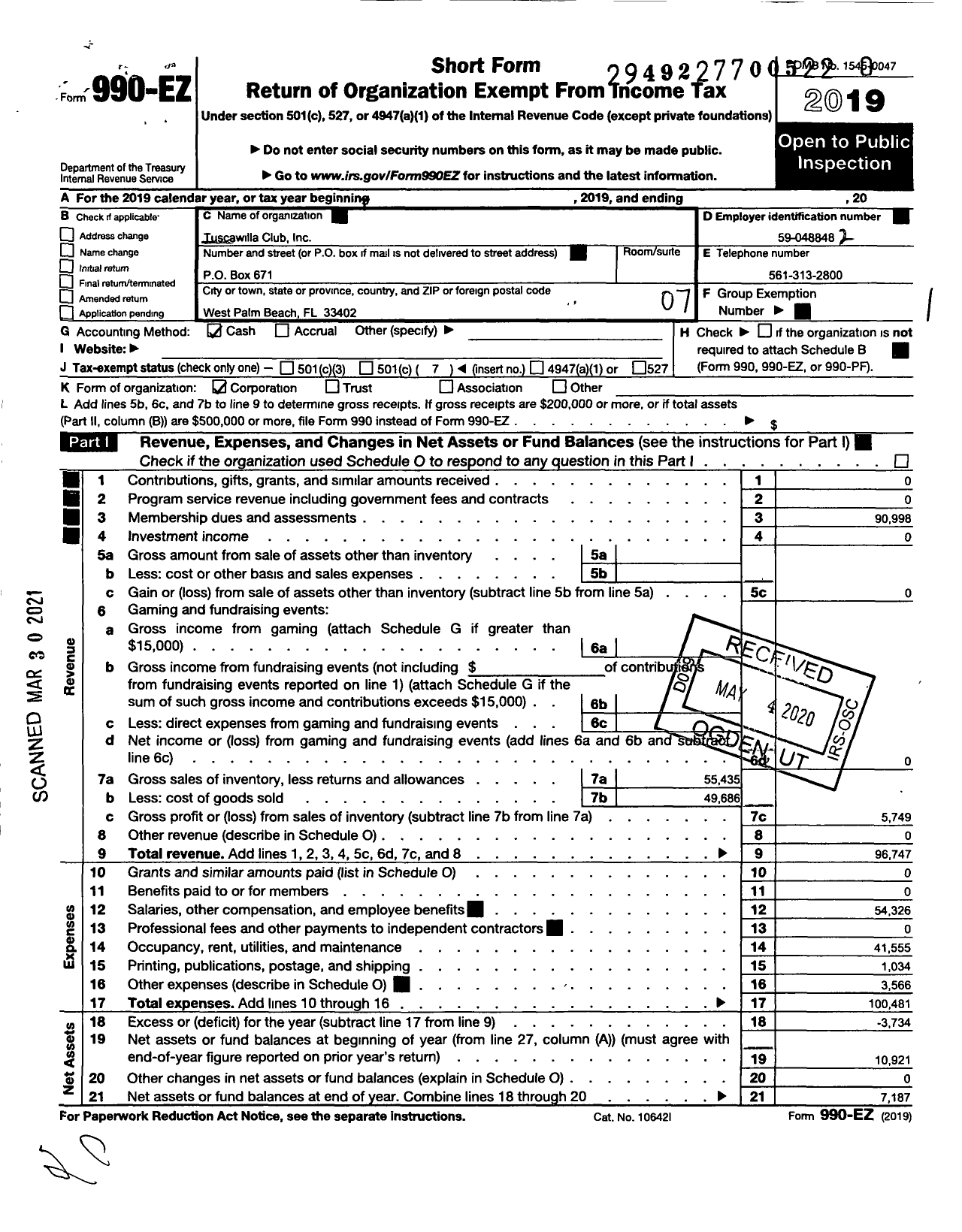 Image of first page of 2019 Form 990EO for Tuscawilla Club