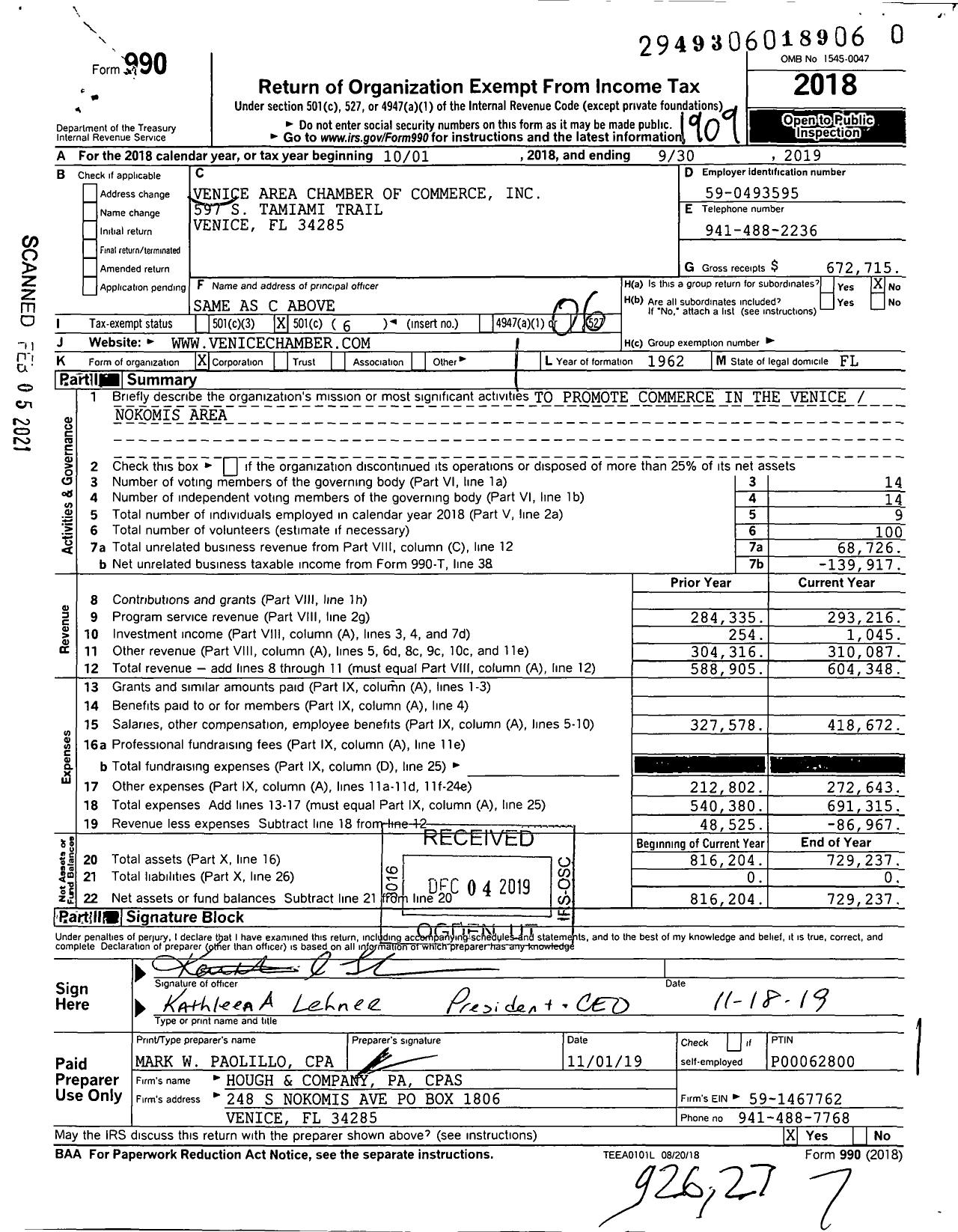 Image of first page of 2018 Form 990O for Venice Area Chamber of Commerce