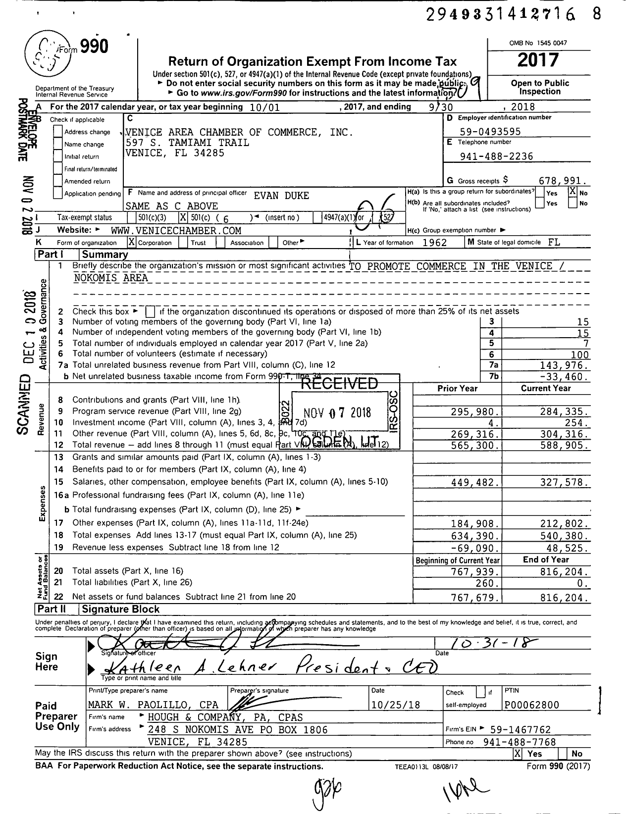 Image of first page of 2017 Form 990O for Venice Area Chamber of Commerce