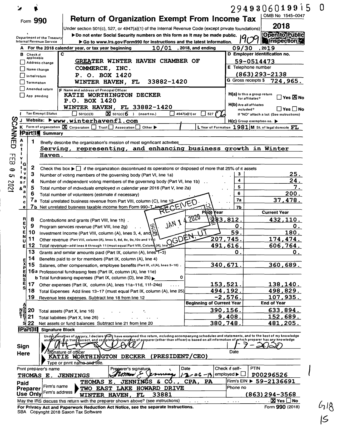 Image of first page of 2018 Form 990O for Greater Winter Haven Chamber of Commerce