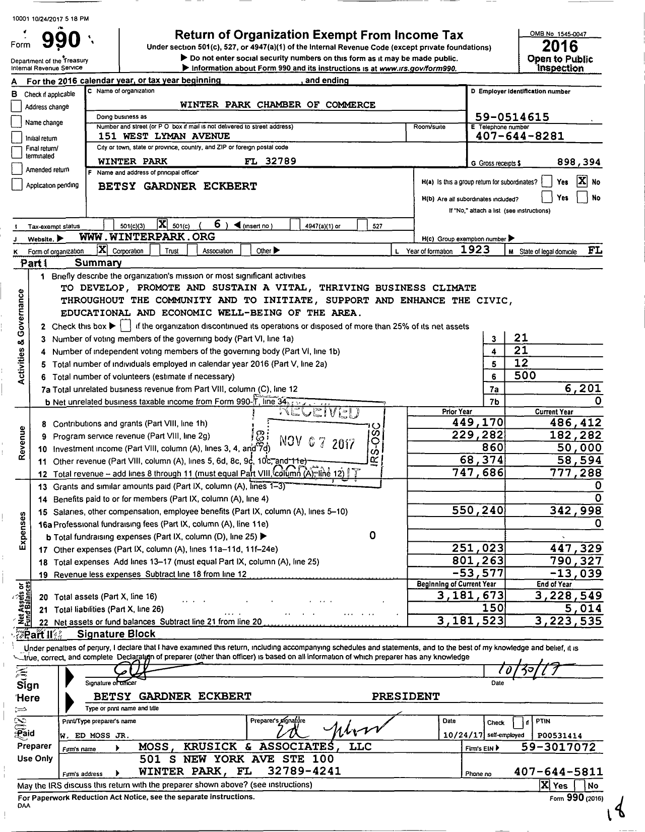 Image of first page of 2016 Form 990O for Winter Park Chamber of Commerce