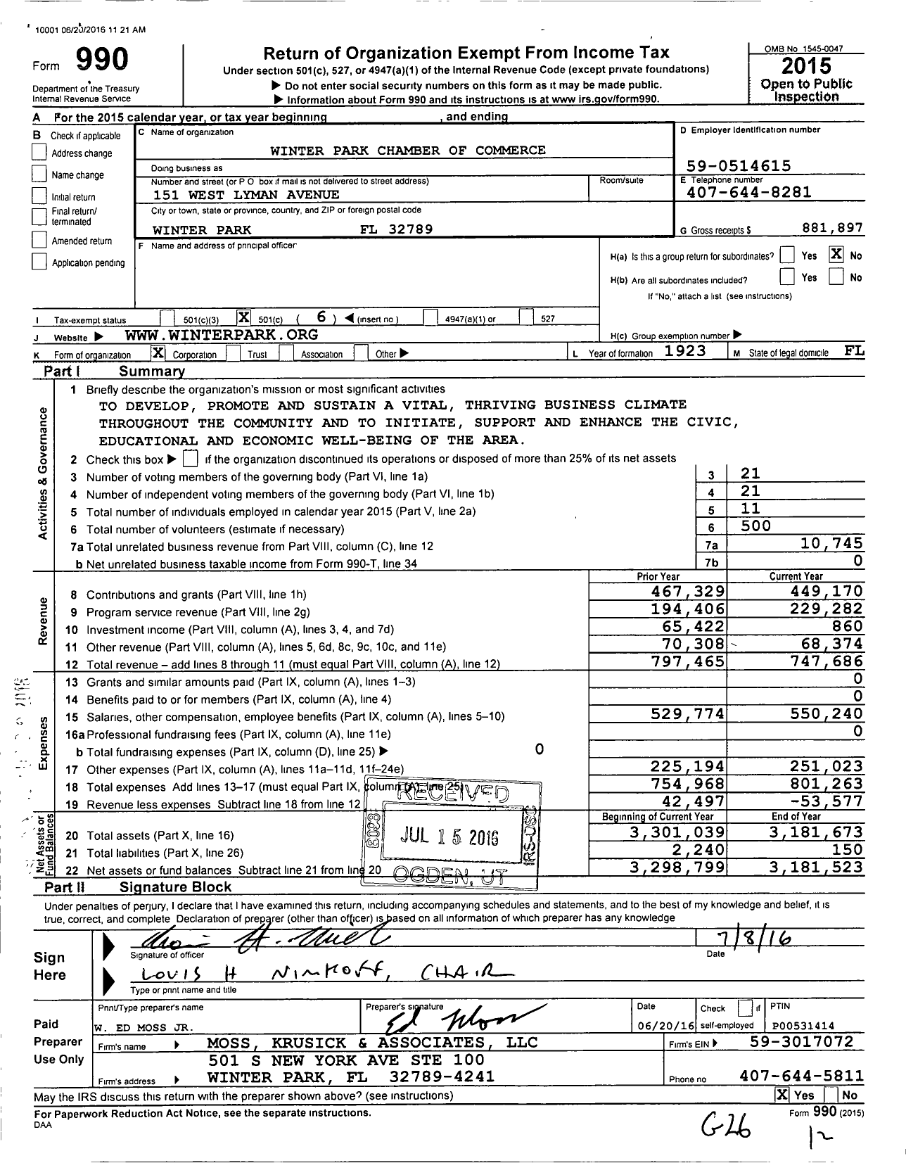 Image of first page of 2015 Form 990O for Winter Park Chamber of Commerce