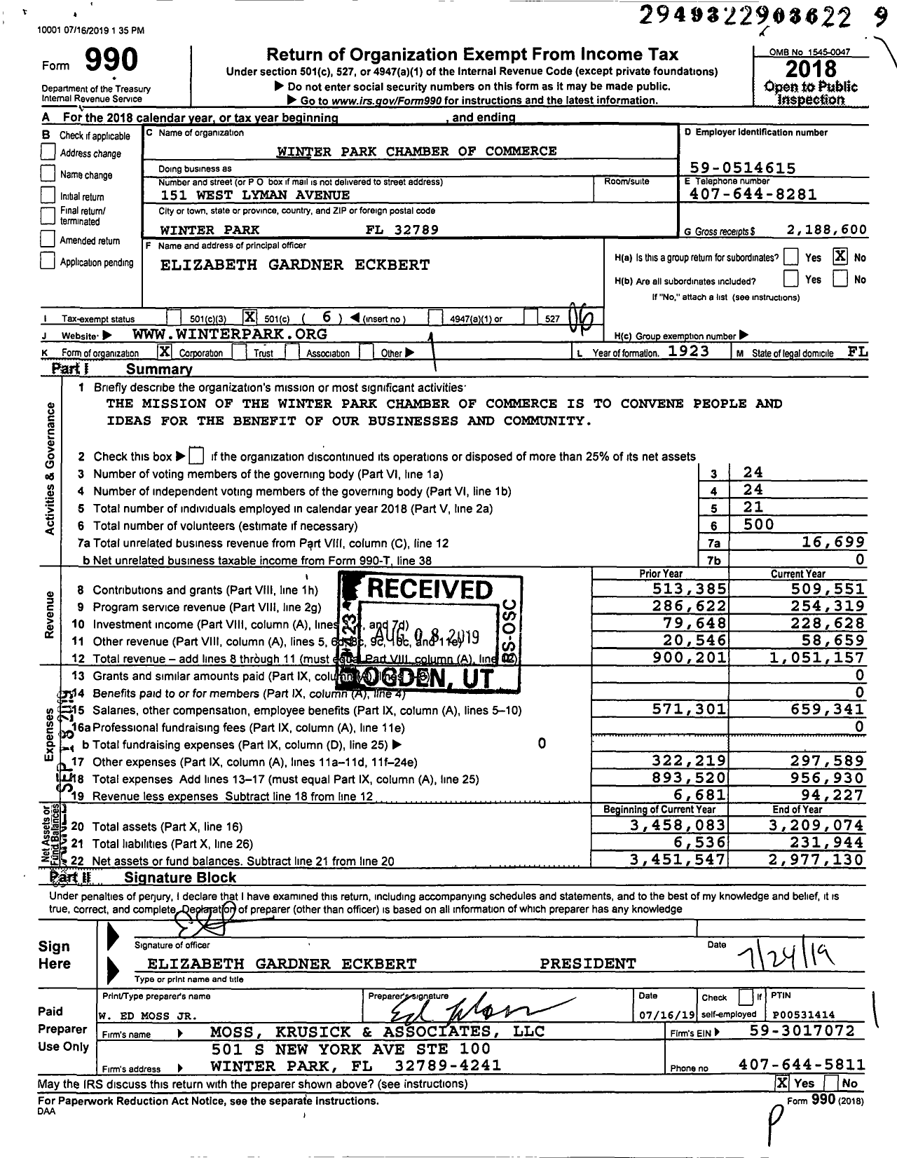 Image of first page of 2018 Form 990O for Winter Park Chamber of Commerce