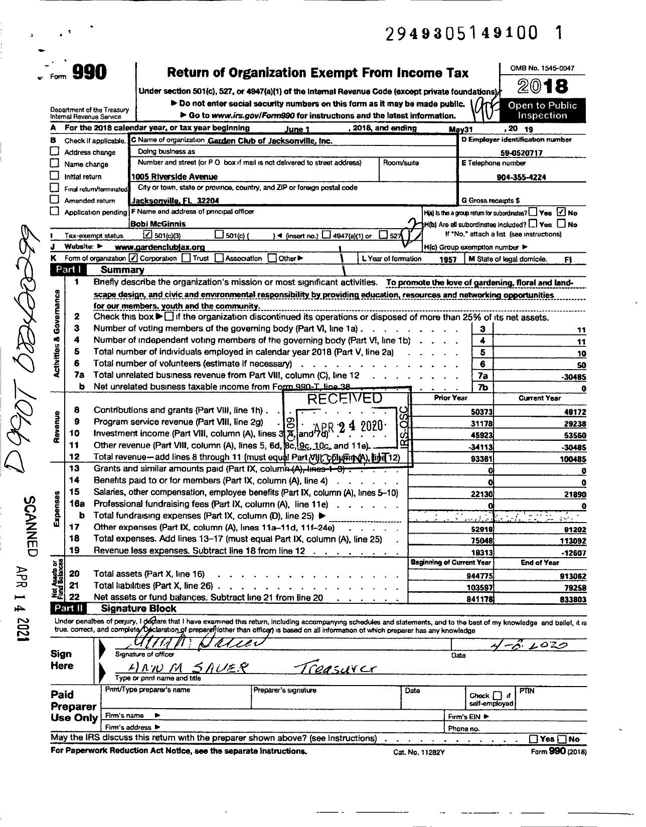 Image of first page of 2018 Form 990 for Garden Club of Jacksonville