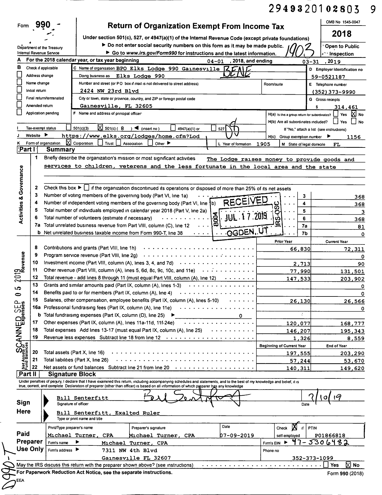 Image of first page of 2018 Form 990O for Benevolent and Protective Order of Elks - Elks Lodge 990