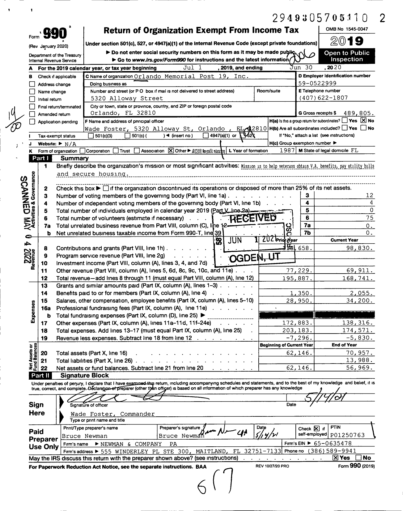 Image of first page of 2019 Form 990O for Orlando Memorial Post 19