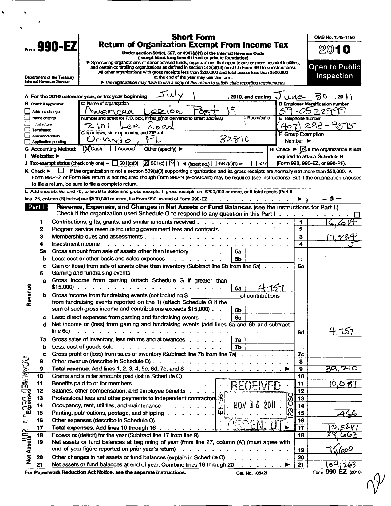 Image of first page of 2010 Form 990EO for Orlando Memorial Post 19