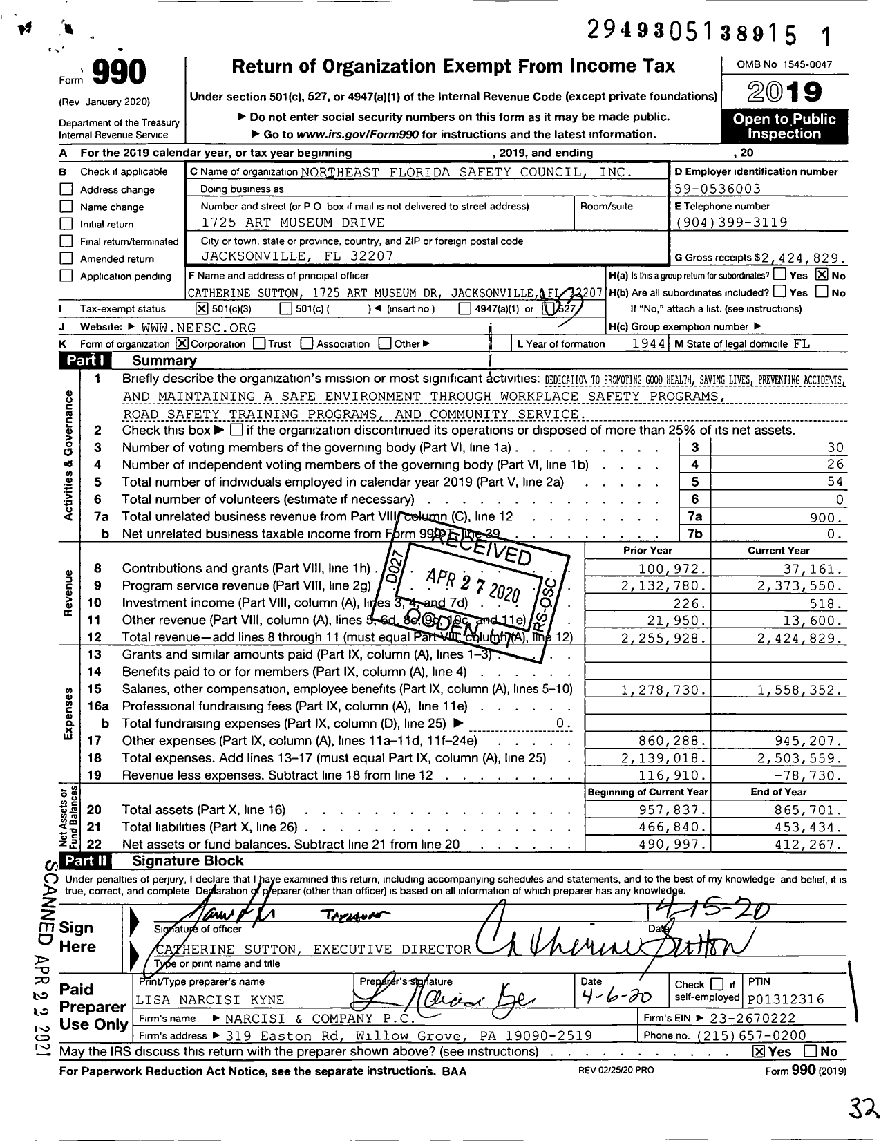 Image of first page of 2019 Form 990 for Northeast Florida Safety Council