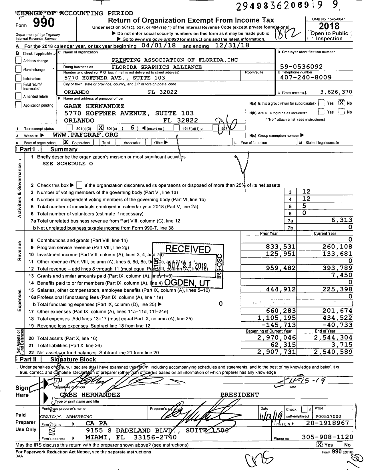 Image of first page of 2018 Form 990O for Florida Graphics Alliance (PAF)