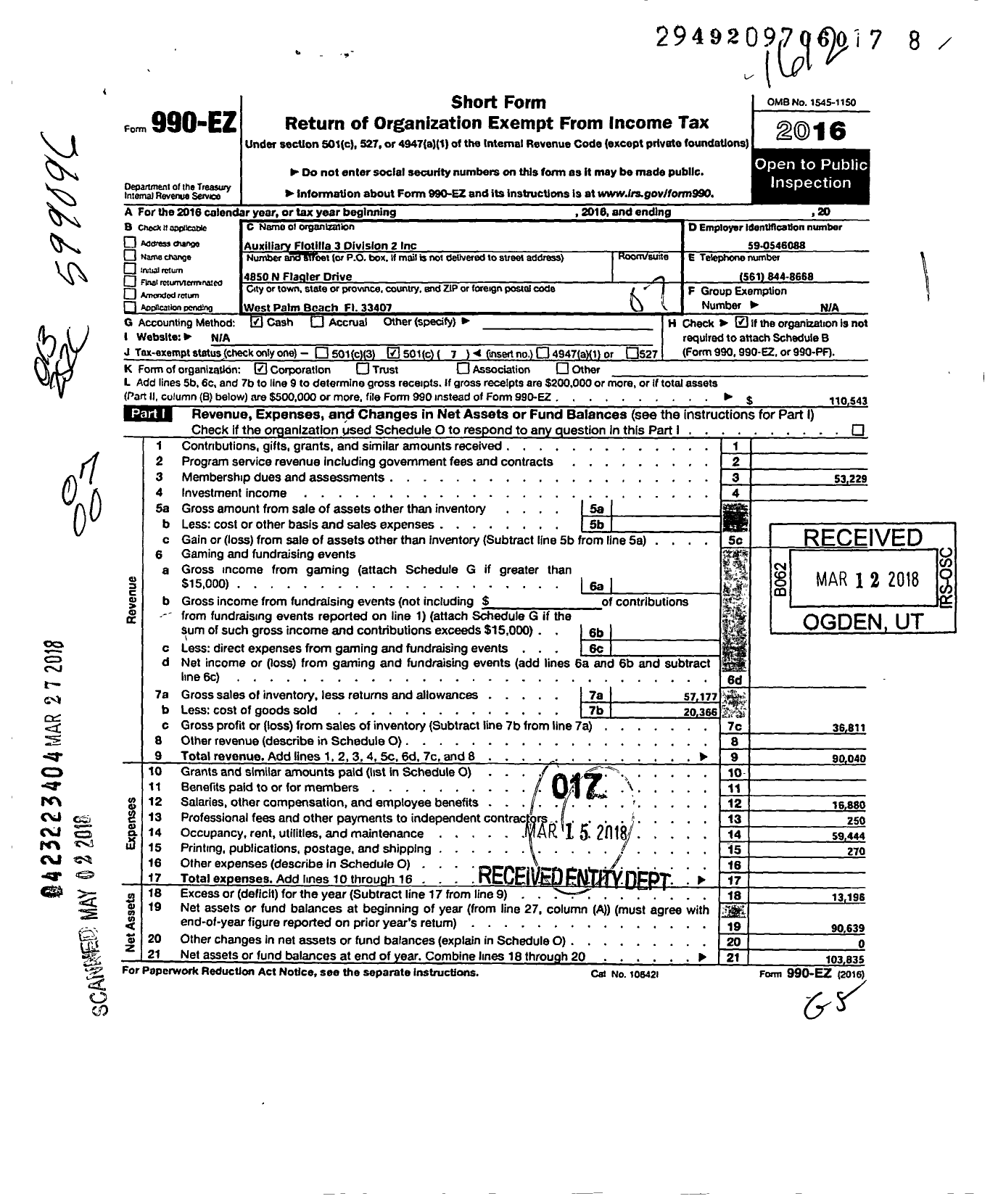 Image of first page of 2016 Form 990EO for Auxiliary Flotilla 3 Division 2