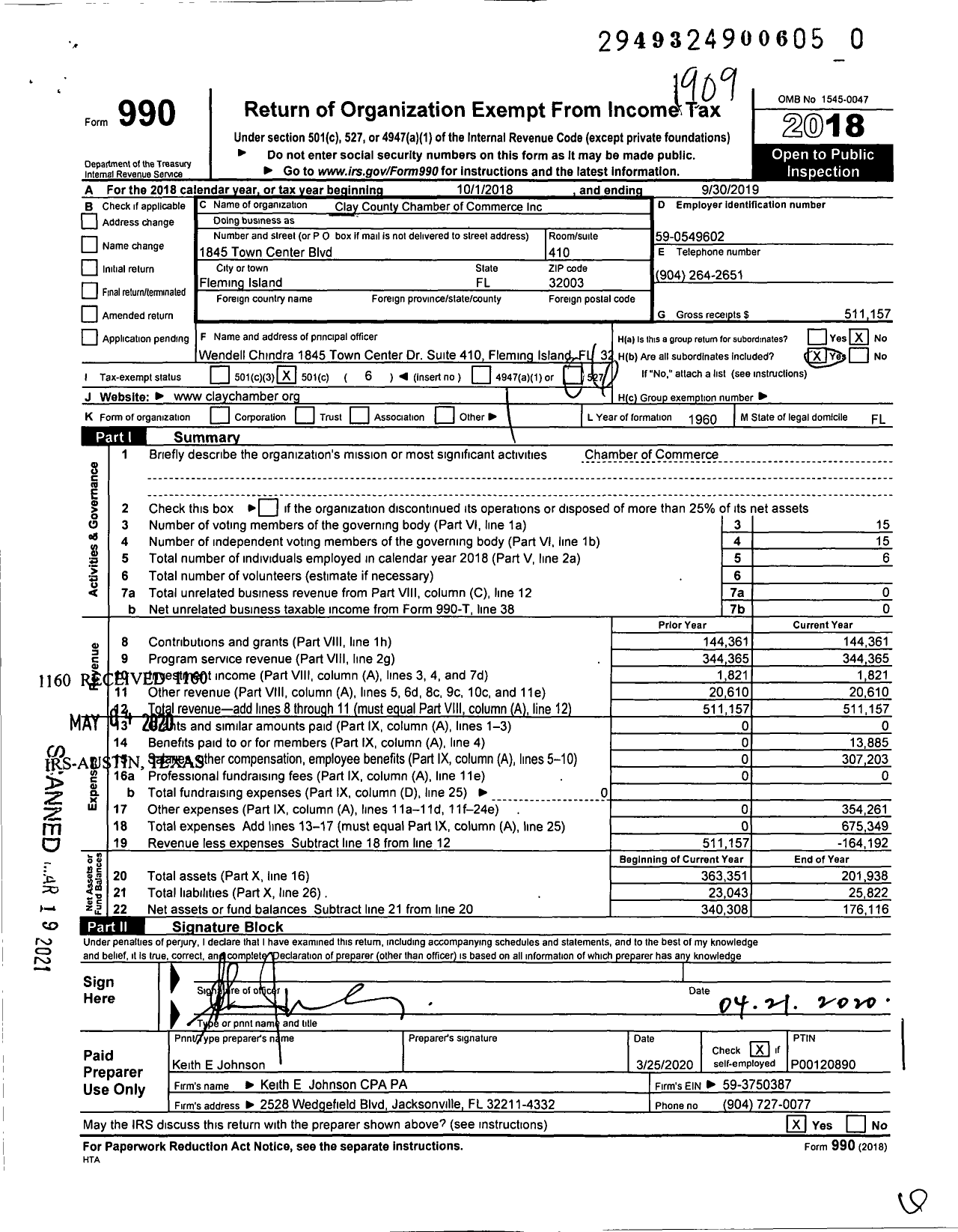 Image of first page of 2018 Form 990O for Clay County Chamber of Commerce